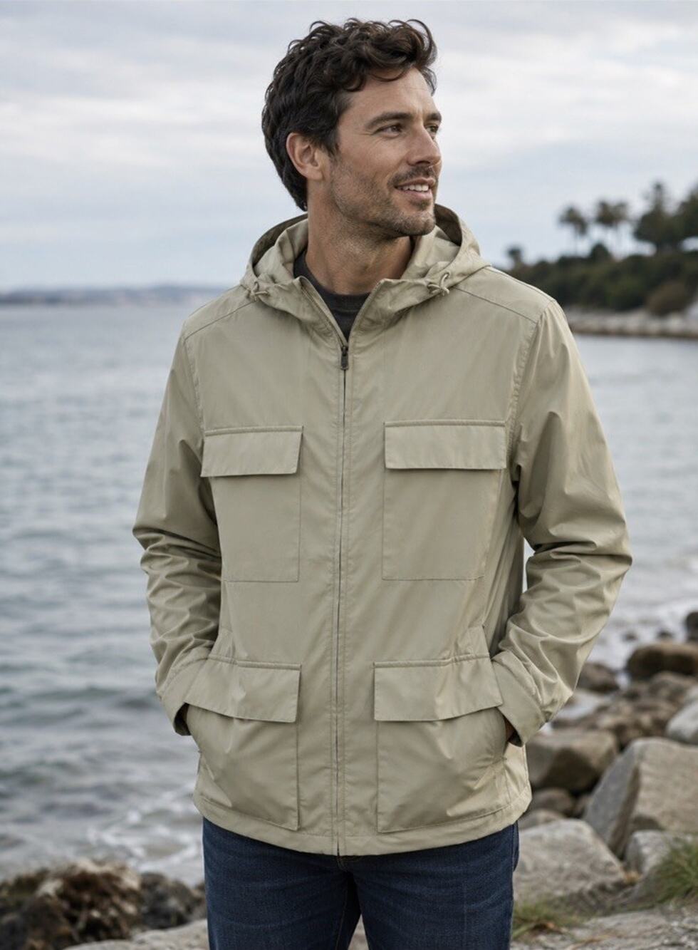 Alfani Mens Packable Tan Hooded Lightweight Rain Jacket Sz M Pockets Full Zip